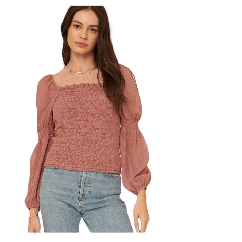 Promesa Endless Love Smocked Swiss Dot Peasant Top Size S Blush Pink Stretch